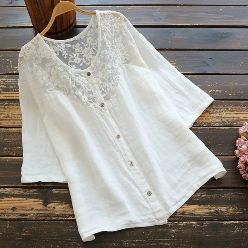 

TEELYNN White Cotton Splice Lace Summer Women Blouses Shirts Vintage Embroidery Oversize Loose Casual Boho Linen Pullover Tops
