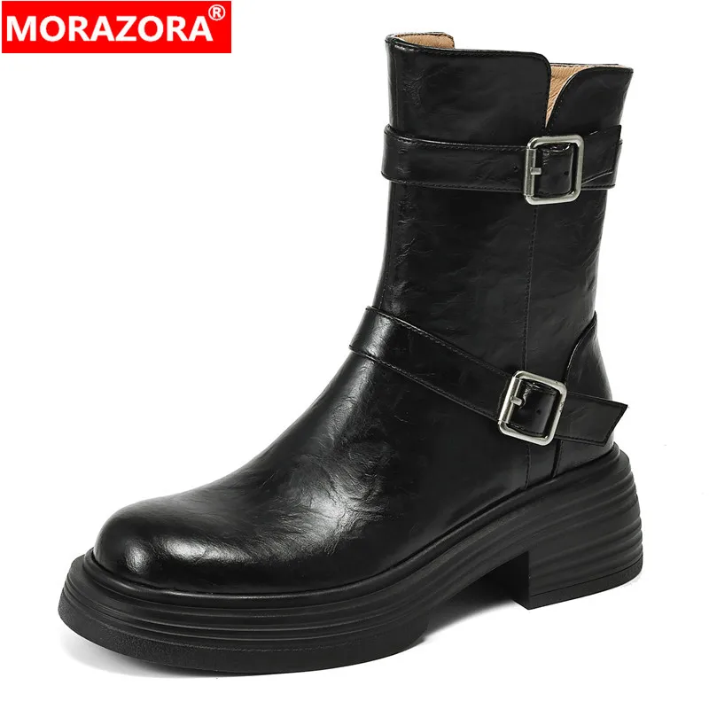 Женские ботильоны из натуральной кожи MORAZORA Черные на платформе с пряжкой и