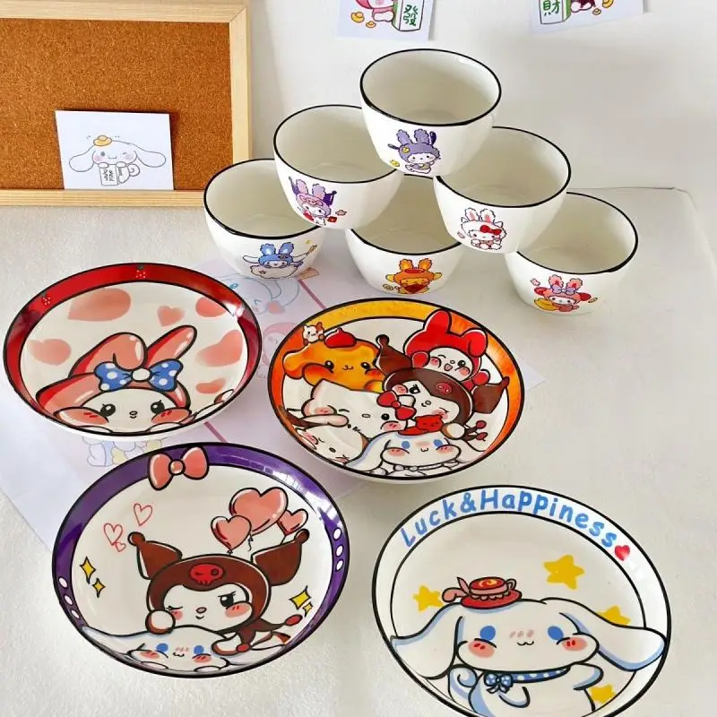 

Креативная мультяшная керамическая посуда Sanrio Kawaii Cinnamoroll Kuromi Kitty набор высокой красоты бытовая миска для риса глубокая тарелка для супа