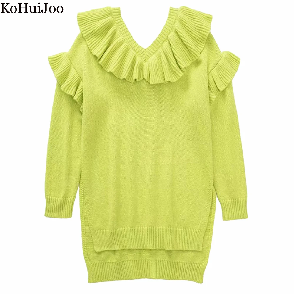 

KoHuiJoo Bright Green Ruffled Loose Knitted Casual Sweaters For Women Pullover V-Neck Long Sleeve Womens Asymmetry Sweater