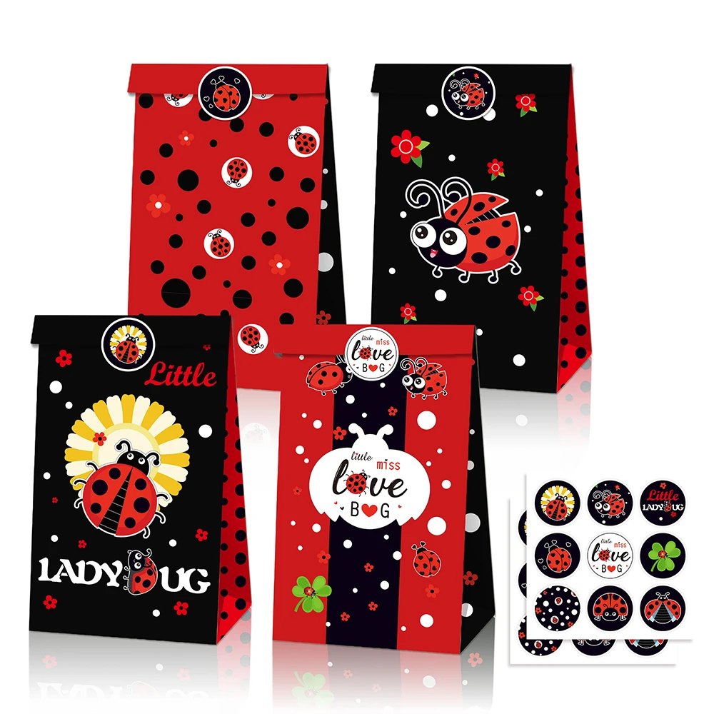 

LB138 12Pcs Spring Cartoon Animals Ladybug Insect Birthday Party Biscuit Kraft Paper Gift Bags Kids Wild Baby Shower Party Decor