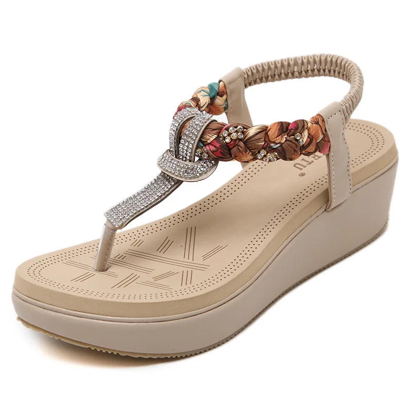 

Summer 2022 ethnic style women's shoes beach seaside bohemian wedge heel rhinestone floral cloth large size woven sandals
