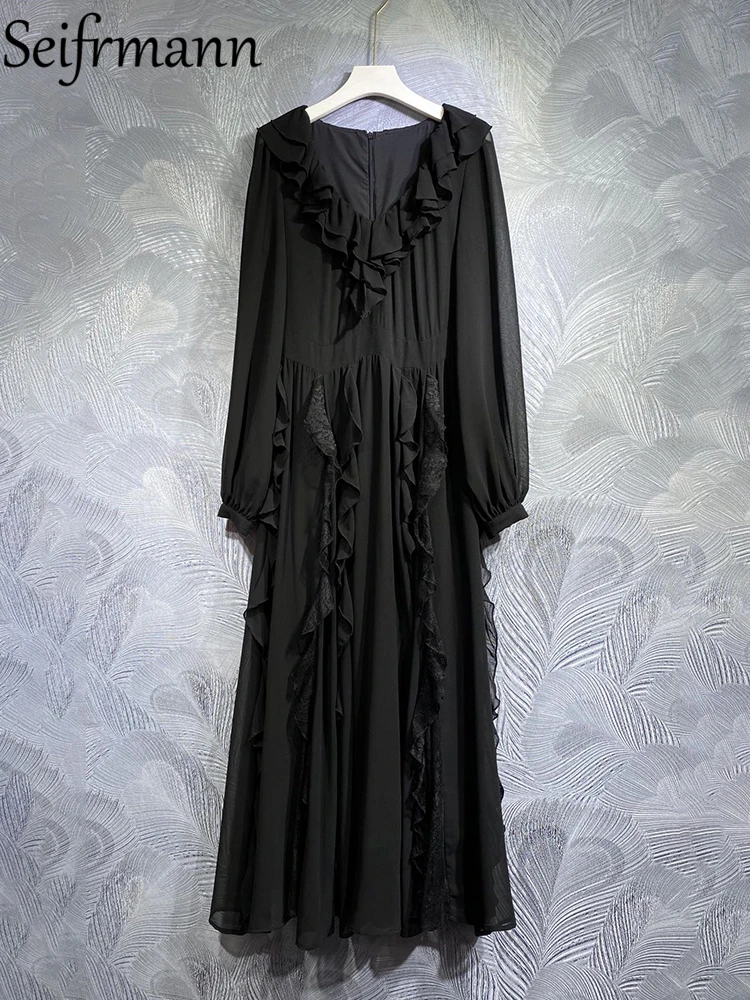 

Seifrmann High Quality Summer Women Fashion Runway Maxi Dress Long Lantern Sleeve Shirring Ruffles Lace Trim Hem Black Dresses