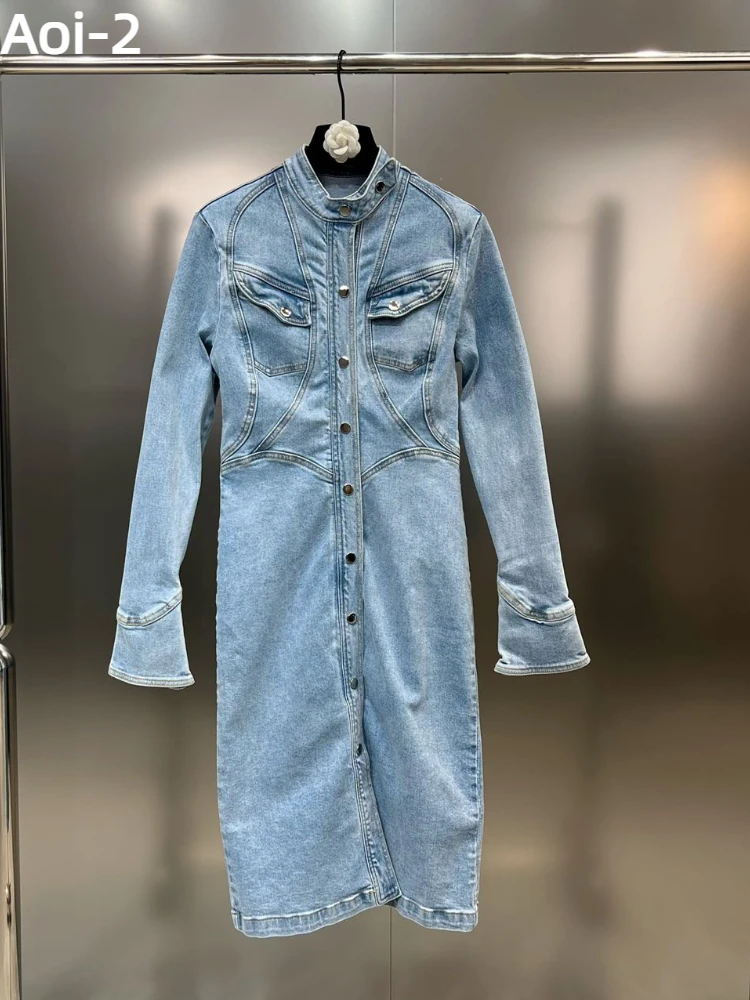 

Женское джинсовое платье с длинным рукавом, синее облегающее платье из денима с карманами и эластичным воротником на осень и зиму