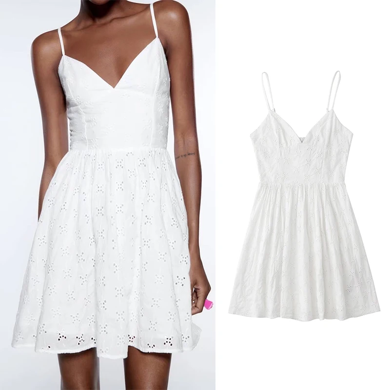 

Summer 2022 Women Hollow Out Embroidery Strap Dress V Neck Sleeveless Ladies White High Street Mini Dress Vestidos HH6822