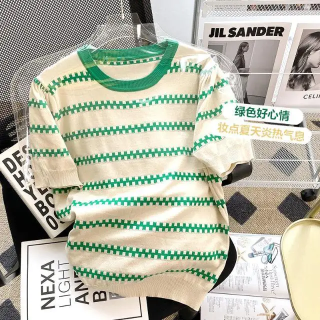 

2023 Summer New Loose Green Stripe Knitted Short Sleeve Top Women's Fashion Round Neck T-shirt