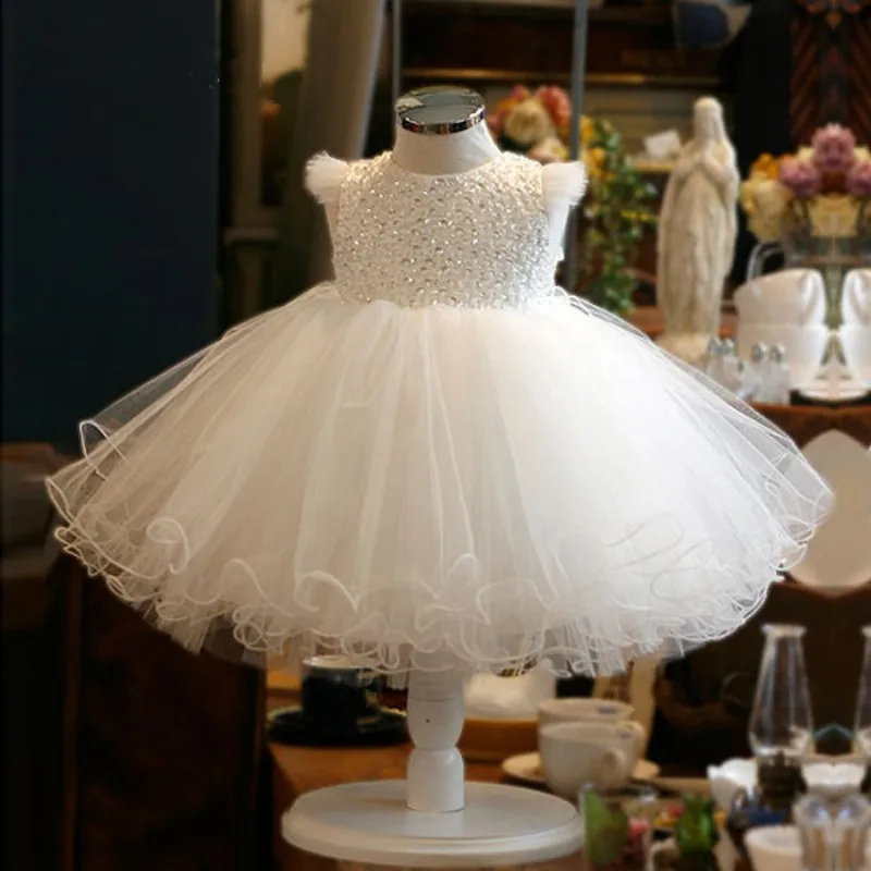 New Fashion Sequin Flower Girl Dress Party Wedding Princess White Tulle Toddler Baby Girls Baptism Christening 1st Birthday Gown