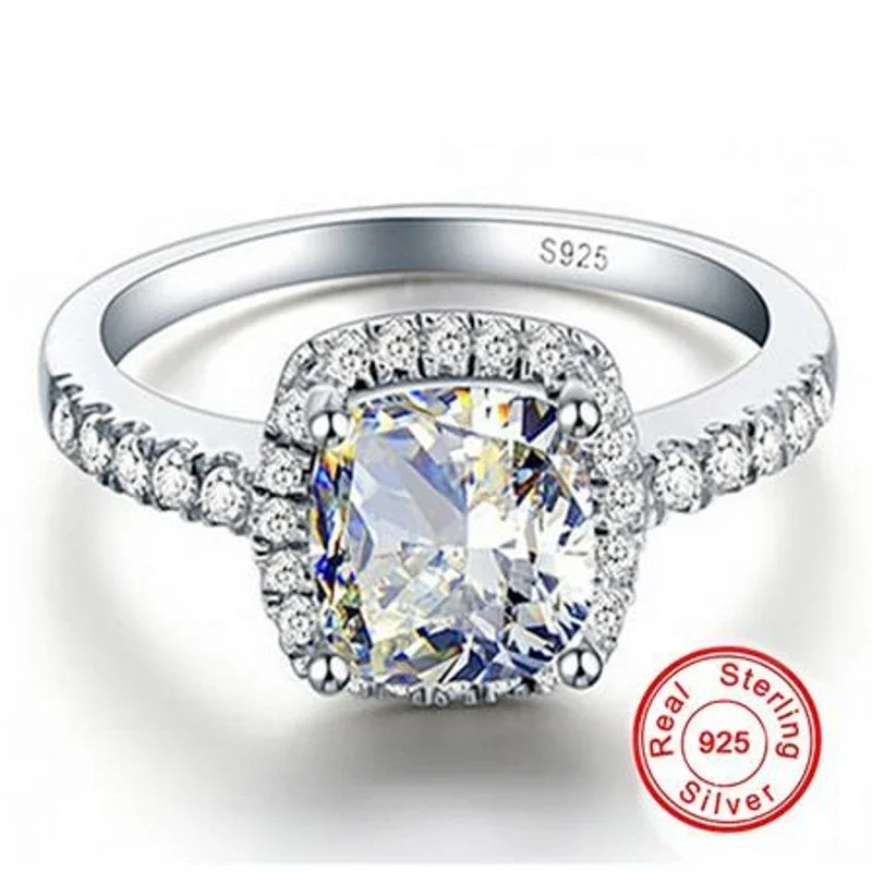 Фото Classics Real 100% 925 Sterling Silver Rings Inlay 3 Carat Cushion cut Simulated Diamond Wedding Rings For Women Wholesale №2