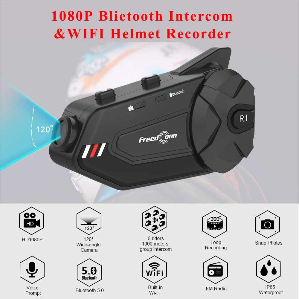 

Freedconn R1 Plus Motorcycle Group Intercom Wifi Recorder HD 1080P Video 6 Riders Bluetooth FM Wifi Helmet Interphone Headset