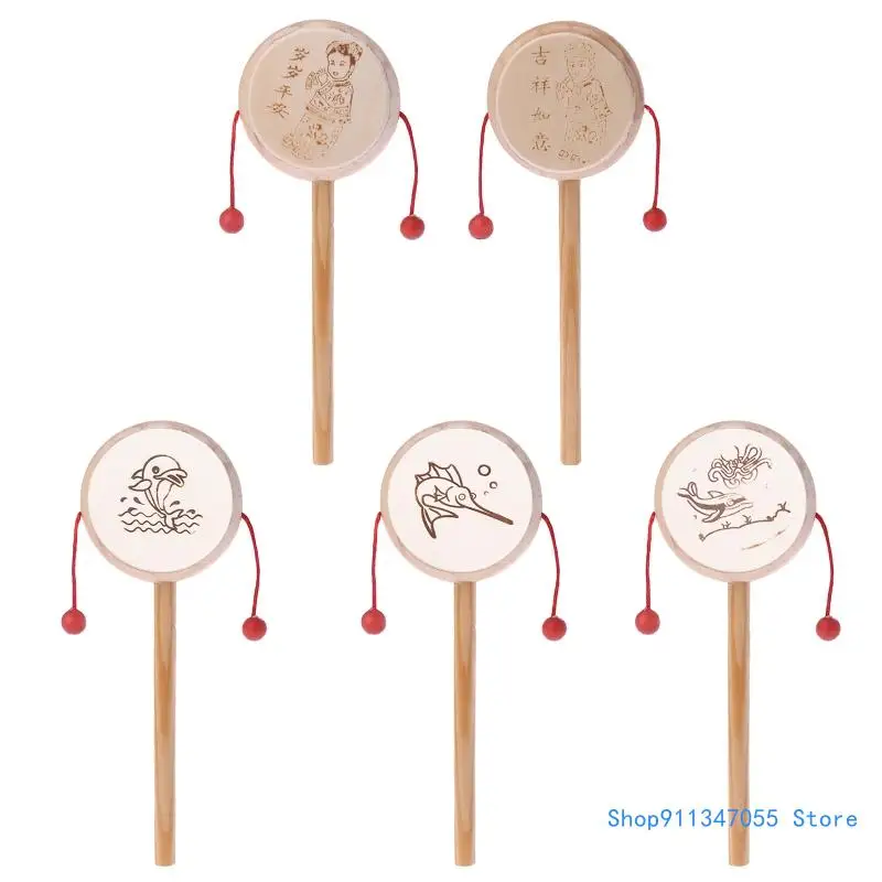 

Wood Cartoon Chinese Traditional Spinning Rattle Drum Hand Baby Musical Toy Drop shipping