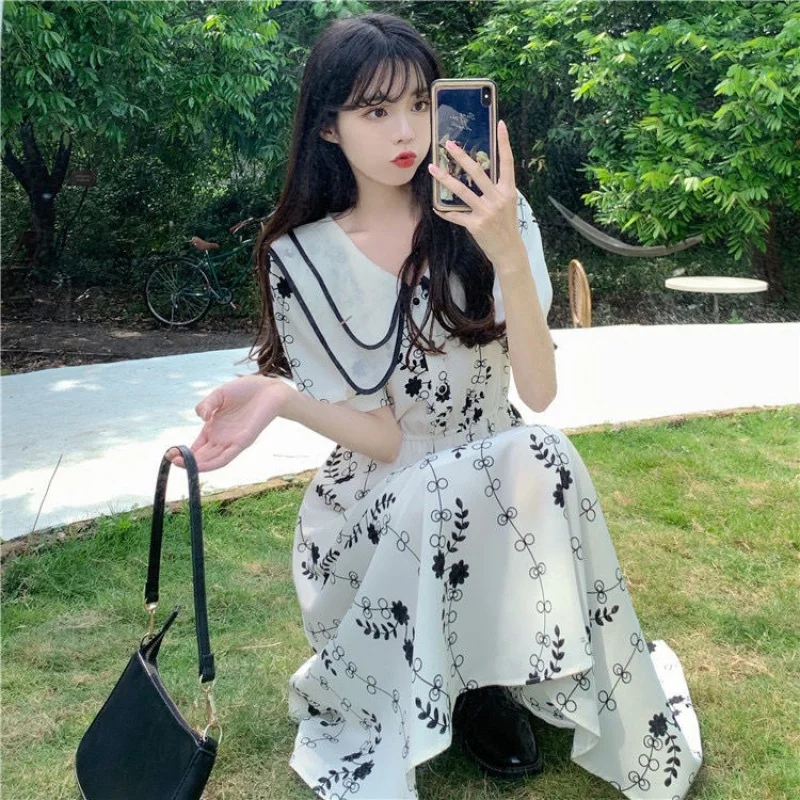 

Double-Layer Collar White Floral Skirt Ladies Waist-Tight Slimmer Look A-Line Classy Over-The-Knee Dress