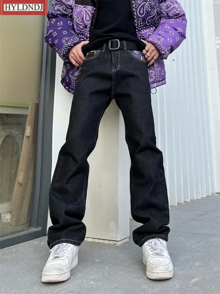 Male Hip-Hop Print Loose Harajuku Men's Straight Pants Ins Hot Sale Retro Sanskrit Black Jeans Street Casual Pants Punk