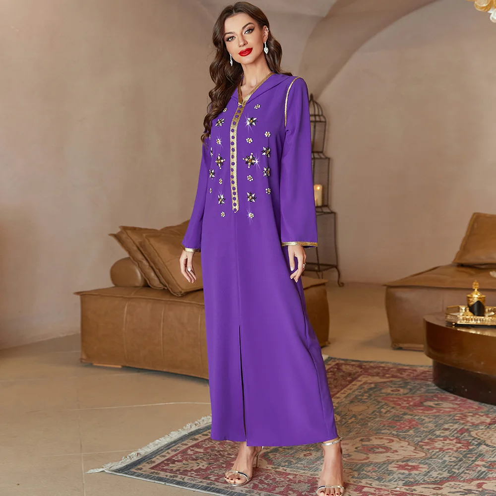 Eid Mubarak Purple Abaya Dubai Turkey Islam Muslim Arabic Long Dress Kaftans for Women Robes De Soiree Djellaba Femme Musulmane