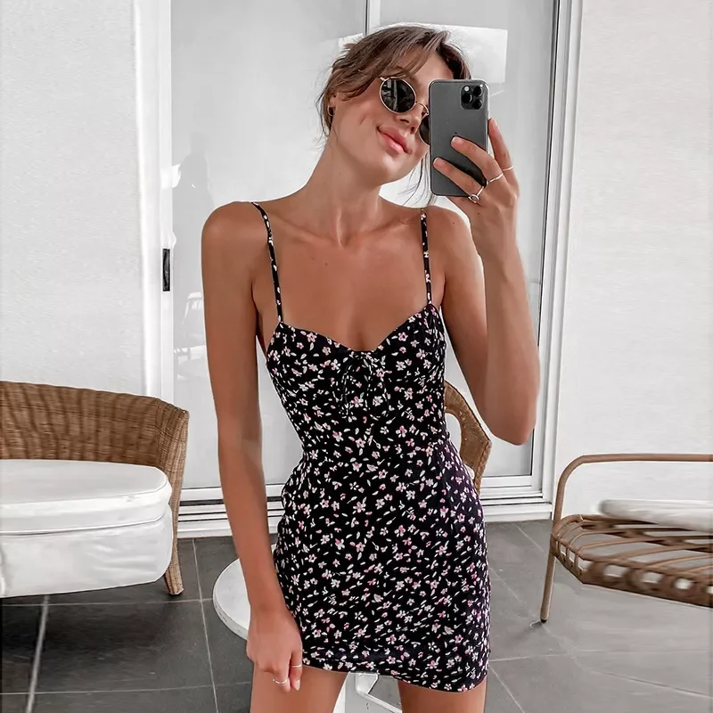 

Chic Spaghetti Strap Black Floral Sundress Women Sleeveless V-Neck Mini Bodycon Dress Summer Ladies Sling Backless Vestido