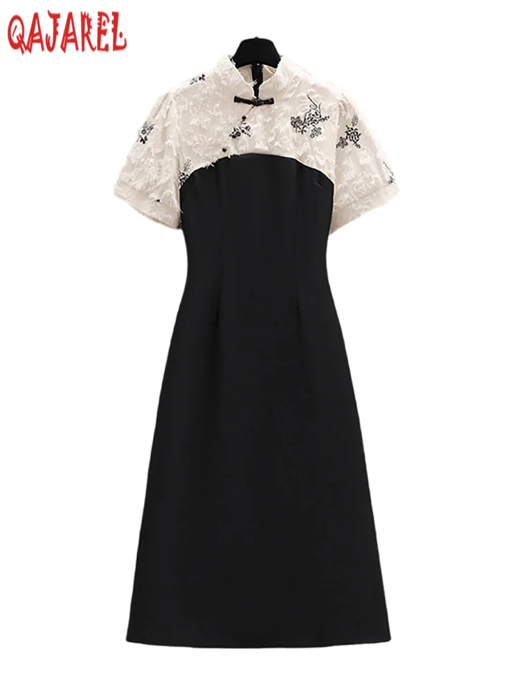 

Летнее черное лоскутное платье с цветочной вышивкой, роскошное женское платье миди, корейское винтажное платье Хепберн, летнее Элегантное повседневное платье