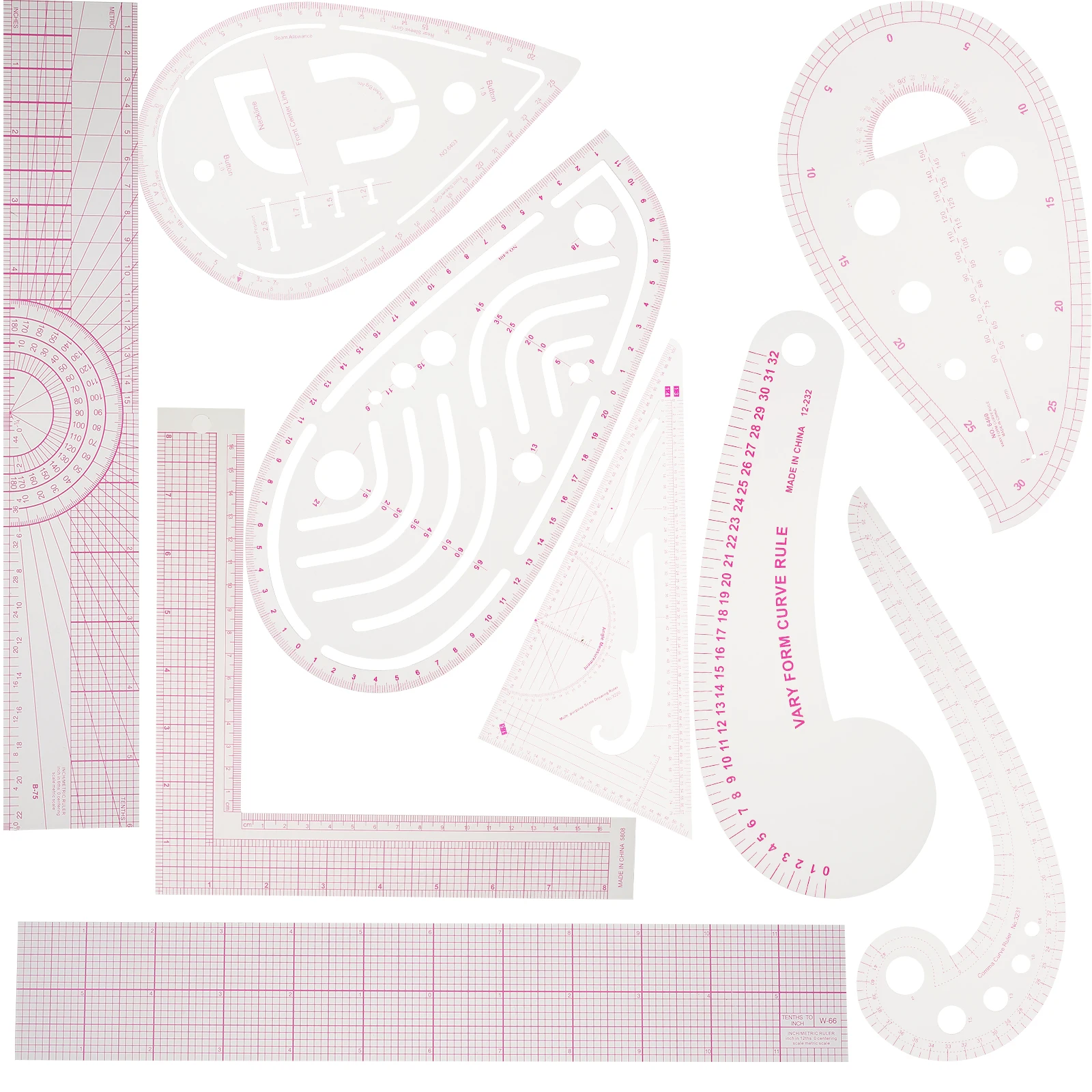 

Sewing Ruler Set Inch and Metric Clear Curve Straight Shape Marking Ruler Kit Precise Sewing Measuring Ruler with L-Shape