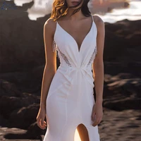 v neck spaghetti strap wedding dress beach mermaid split bridal gown for bride simple backless sweep train robe de mari%c3%a9e civil