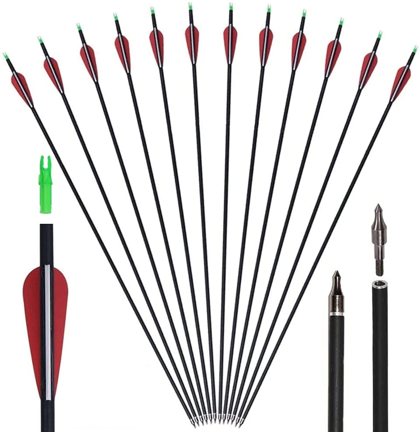 

28/30/32 Inches Mixed Carbon Arrows Replaceable Tips Spine 500 Diameter 7.8 Mm for Compound/Recurve Bow Archery Shooting Hunting