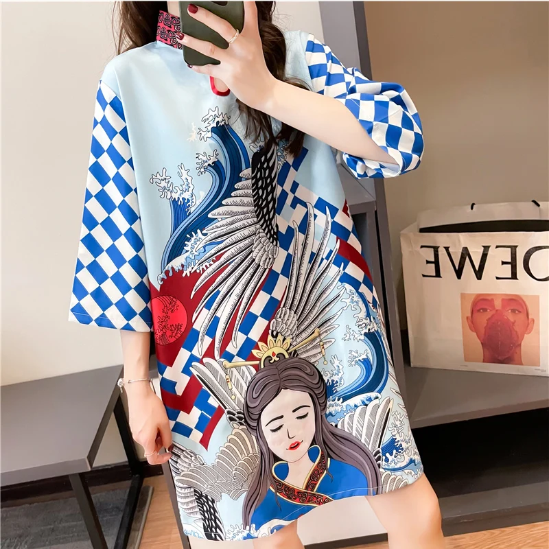 

New Chinese Style Shirts Summer Overszied T Shirt Dress Character Print Gothic Pullover Half Sleeve Straight Dresses for Women