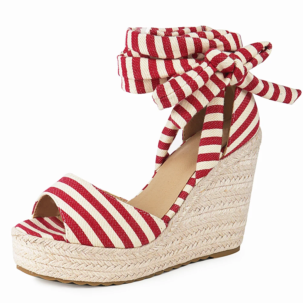 

AOSPHIRAYLIAN Sandals Women Summer 2022 Hemp Stripe Wedges High Heels Espadrilles Women's Shoes Sandals