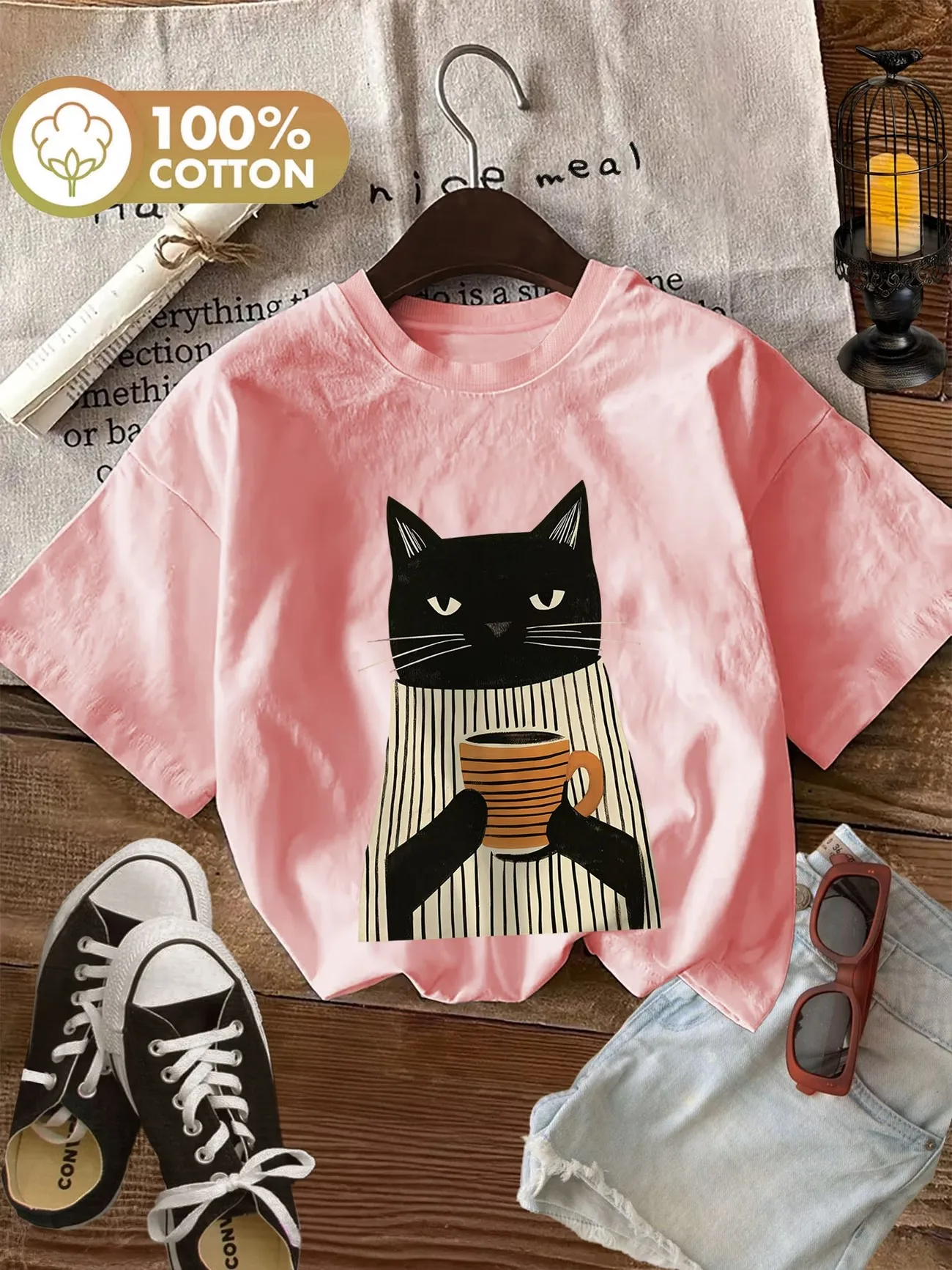 Женская футболка из 100% хлопка с милым черным котом и кофе, мягкая, с круглым вырезом, с коротким рукавом, оверсайз, забавная, модная (art.: 3920db007d608) - 3920db007d608