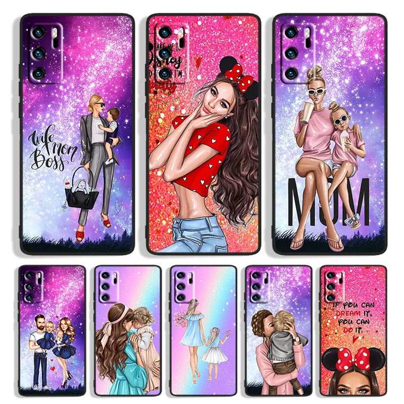 

Baby Mom Girl Hot Fashion Phone Case For Huawei P10 P20 P30 P40 P50 lite Pro lite E P Smart 2019 Z 2021 2020 Black Funda Cover