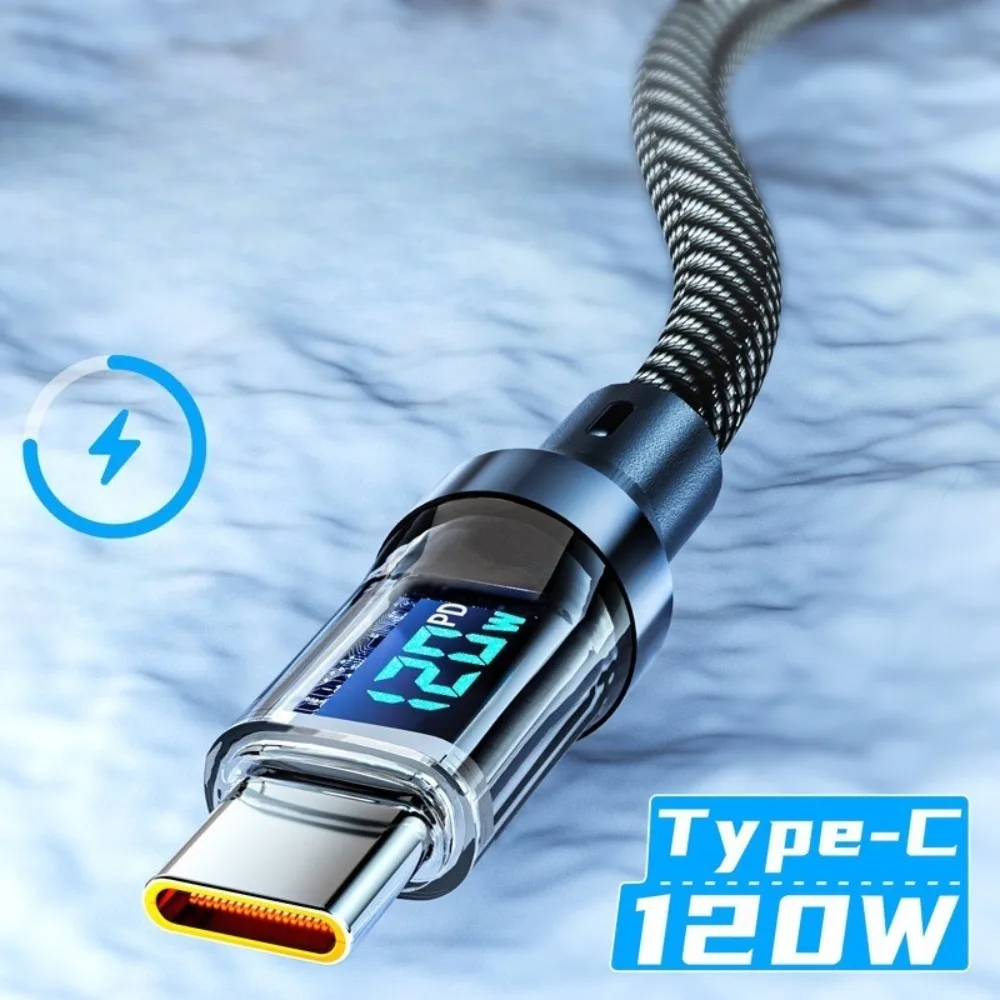 Фото Кабель USB 100W/120W для быстрой зарядки с LED-дисплеем, высокоскоростной зарядный кабель Type-C для телефона №2