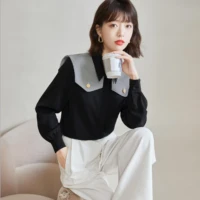 2022 spring french luxury elegant women shirt shawl long sleeve black patchwork tops