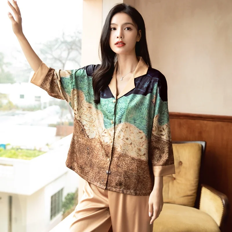 Lisacmvpnel Ice Silk Printed Pajamas For Women Spring New 2023 Cardigan Long Sleeve Housewear Two-piece Set Pyjamas