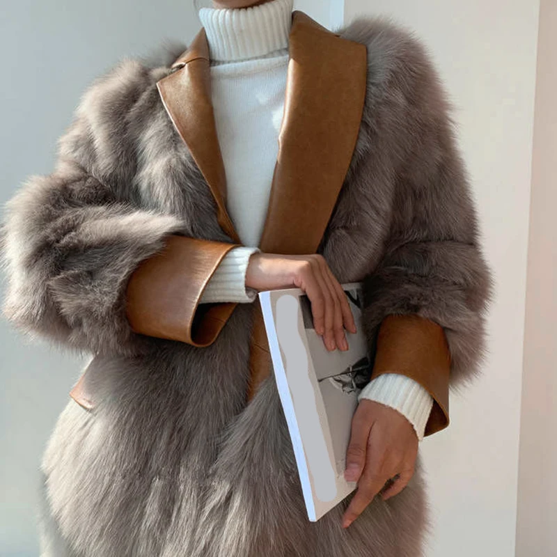 Vintage Women's Winter Fox Fur Coat Luxury PU Leather Suit Collar Warm Faux Fur Jacket Girl Fashion Streetwear Overcoat