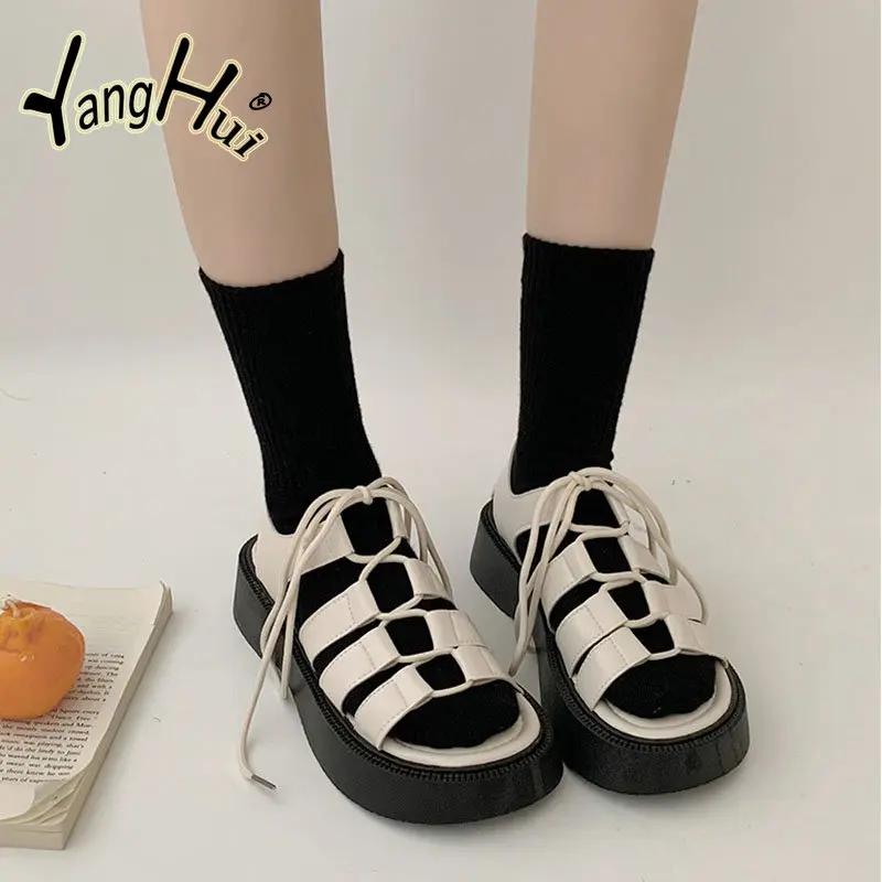 

Женские сандалии на толстой нескользящей подошве, однотонные босоножки в римском стиле, повседневная обувь на завязках, для лета, 2023