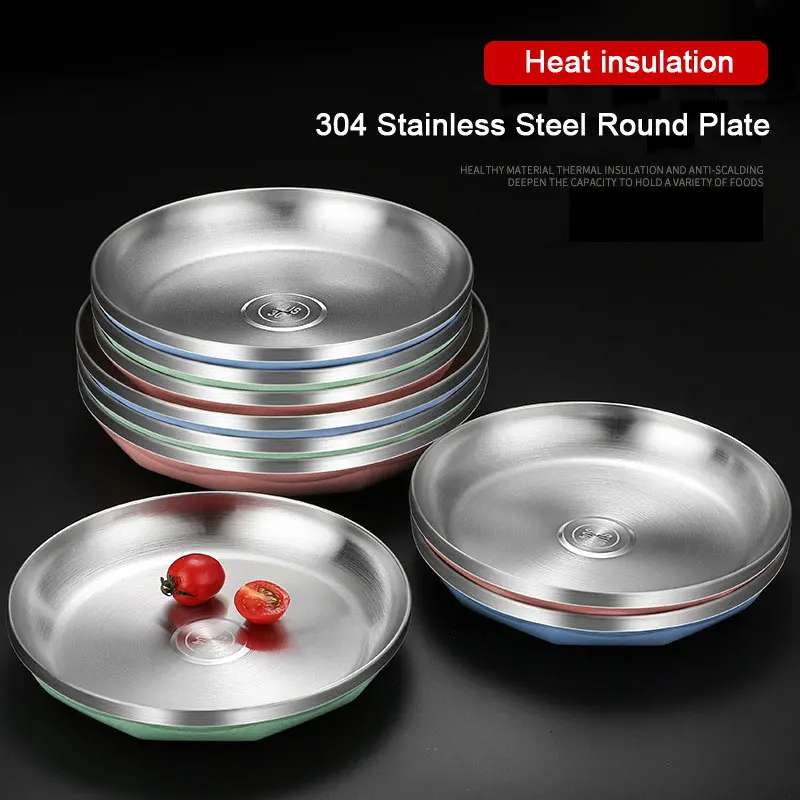 

304 Stainless Steel Dinner Plate Thickened Anti-scalding Round Food Dessert Salad Fruits Dish Dinnerware for Eating Camping