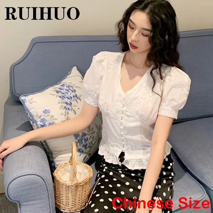 

RUIHUO Short Sleeve Korean Lace Shirt For Women Tops White Woman Blouse Korean Fashion Chinese Size M-L New Arrivals