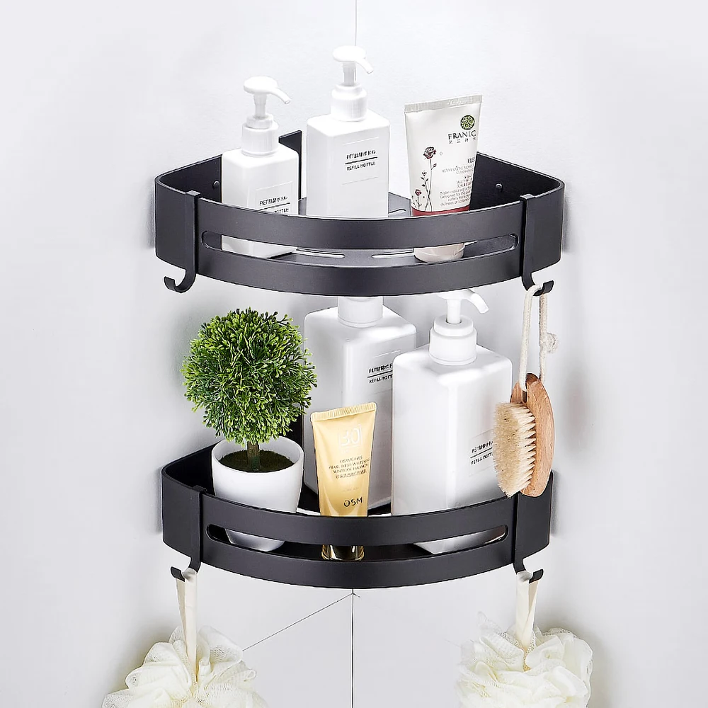 wall corner shelf organizer black aluminum shower rack shampoo holder kitchen hanger bathroom accessories free global shipping