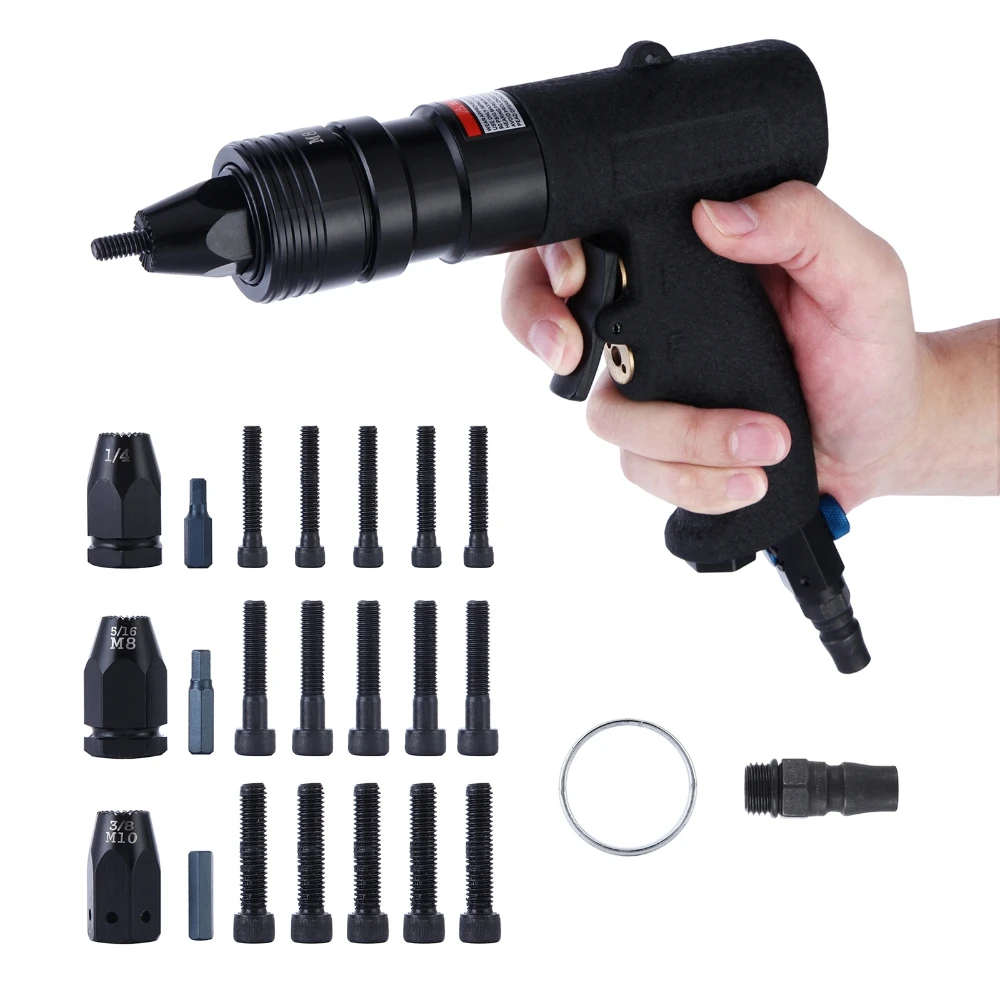 Pneumatic Rivet Nut Gun with Self-Locking Head Quick-Change Professional Speed Adjustable Riveter Gun with 1/4 5/16 3/8 Mandrels