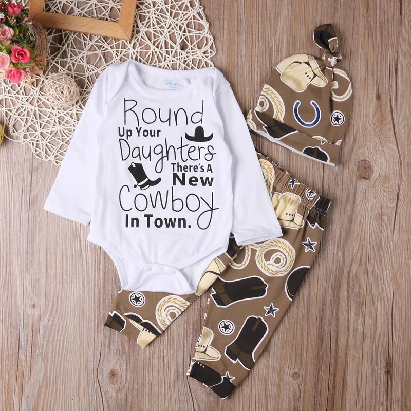 

0-18M Newborn Baby Boy Girls Long Sleeve O-Neck Covered Button Cowboy Letter Romper Tops Print Pants Hats 3PCS Outfit Autumn