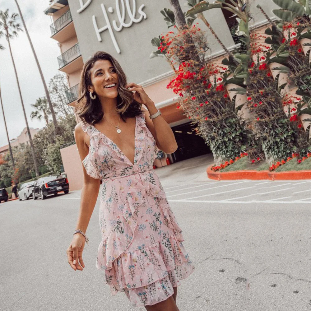 

2022 Floral Floral Sexy V-Neck Sling Crossover Temperament Mid-Skirt