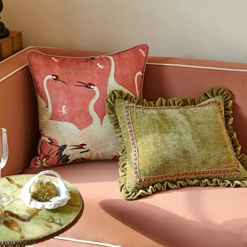 Розовые подушки с журавлем роскошный зеленый чехол из синели винтажный 45x45 50x50