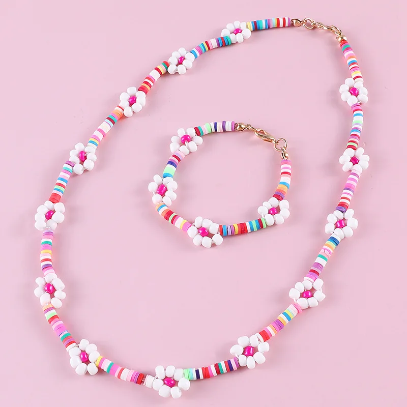 

Girl's Jewelry New Soft Pottery + Rice Beads Children's Bracelet Necklace Set Hand-knitted Daisy Flower Jewelry