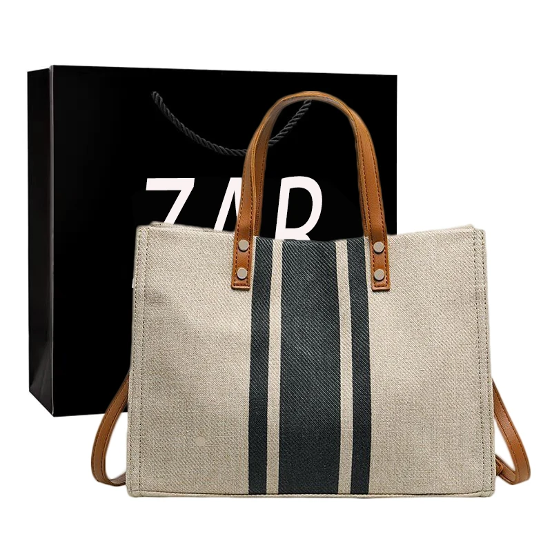 

Vintage Striped Tote Bag Korean Simple Fashion Canvas Large-capacity Handbag For Women's Portable commuter business briefcase