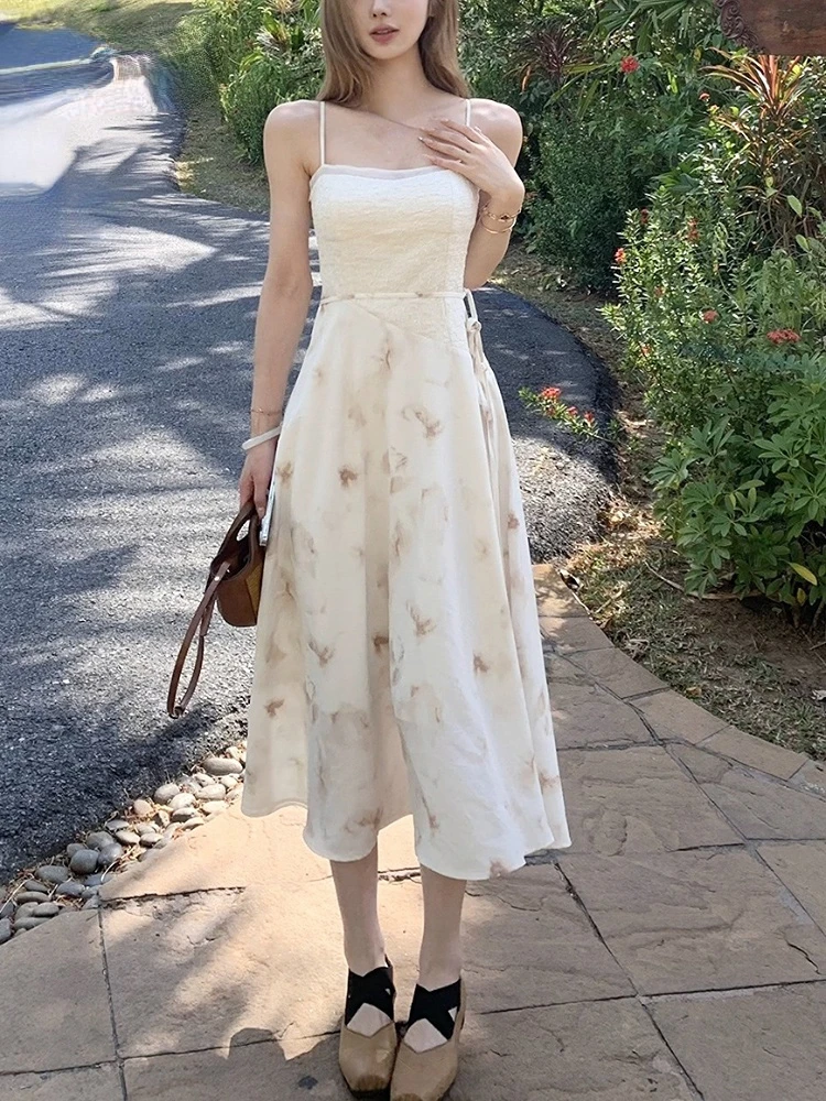 

Sleeveless floral MIDI dress Women's beach style Korean summer fashion elegant strap-up dress for a party sundress