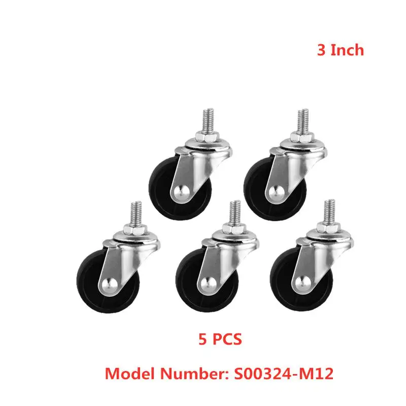 

5 Pcs/Lot Casters 3 Inch m12 Screw Universal Caster Light Black Pp Plastic Steering Wheel Tool Trolley Factory Direct