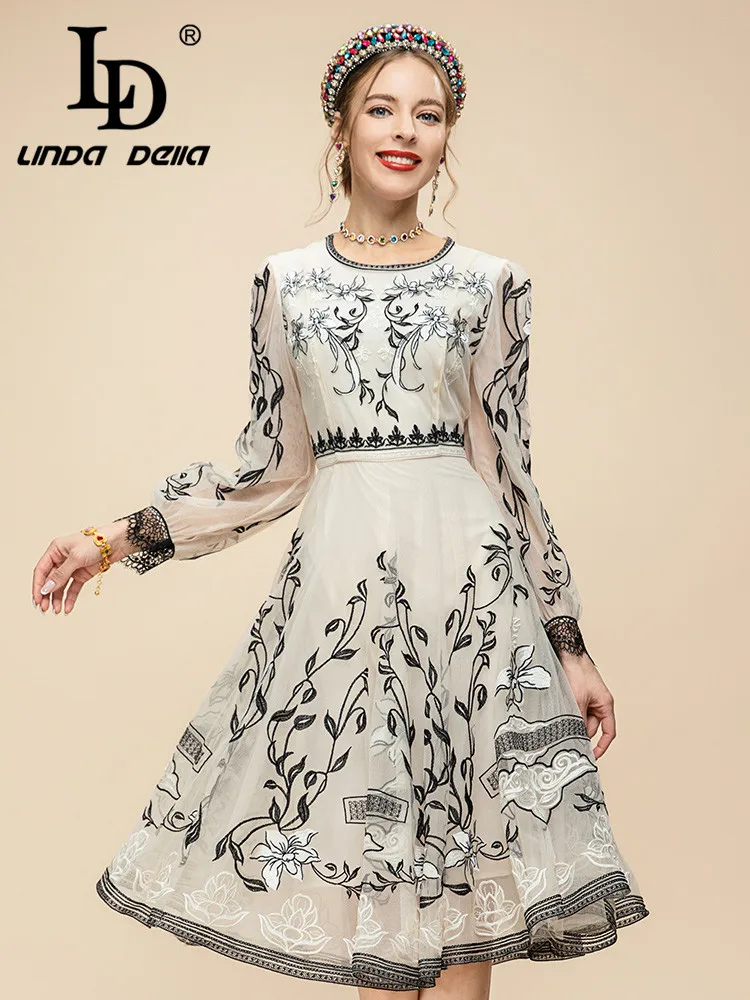 

LD LINDA DELLA Runway Designer Vintage Dress Women Long Sleeve Print High Waist Splice Lace Zipper Casual Dress