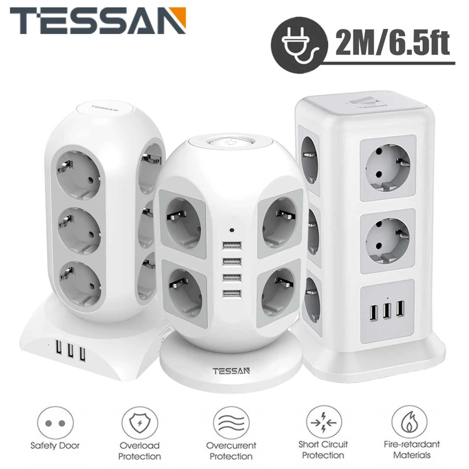 

TESSAN EU Extension Socket Power Strip Tower with 8/11/12 Outlets & 3/4 USB Ports, Socket Tower Overload Protection with 2m Cabl