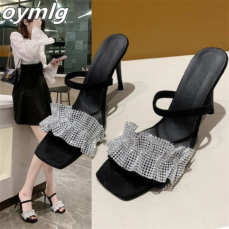 One word belt sandals 2022 new summer women's shoes fairy feng shui drill square toe high heels women's stiletto slippers