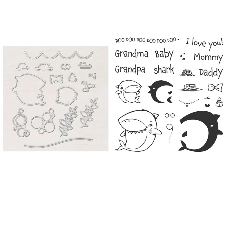 

Shark Frenzy Stamp Set and Coordinating Dies Happy Family of Sharks Metal cutting dies For DIY Scrapbooking Card 2021 NEW