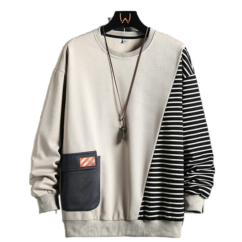 

Harajuku Patchwork Sweatshirt Mens Autumn Casual Stripe Loose O-Neck Pullovers High Street Long Sleeve Men Pocket Sweatshirts