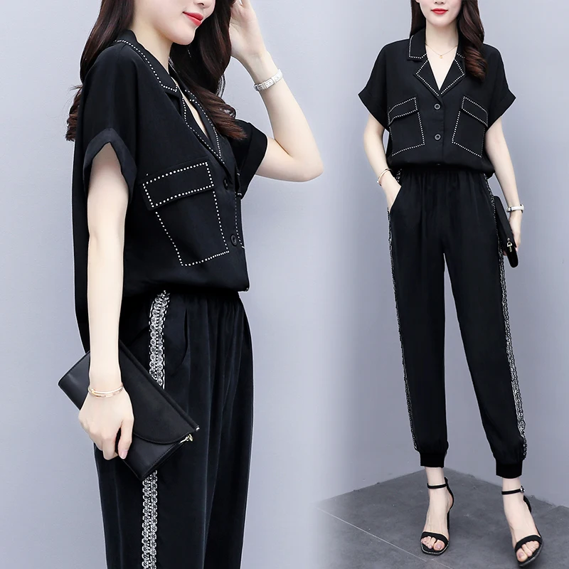 

Contrast T shirt Elasticity Pant Tracksuit 2 Piece Set Women Short Sleeve Top Sweatpants Casual Suit Summer Sporty Sets Female