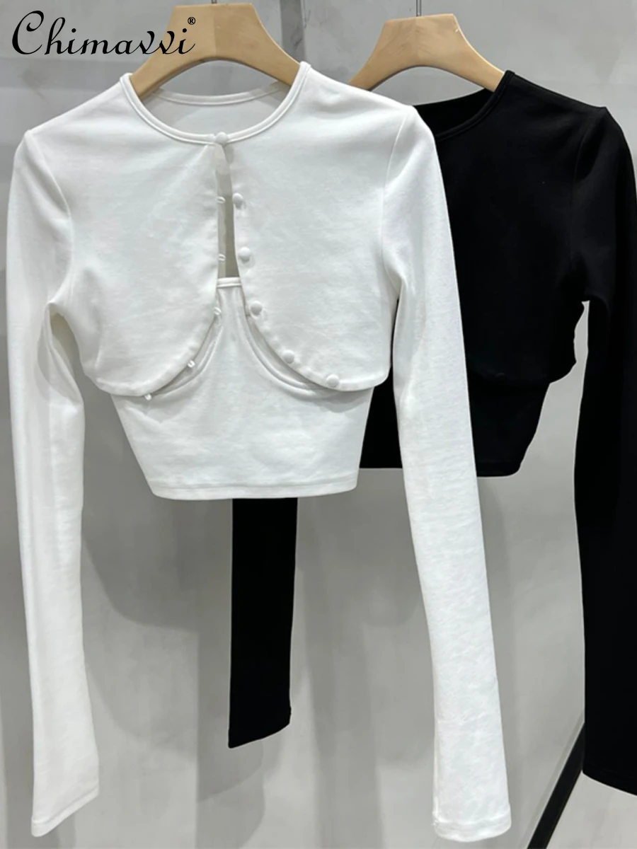 

2022 Autumn New Ladies Korean Style Fashion Slimming Short Cotton Camisole T-shirt Women Simple Long Sleeve Cardigan 2-Piece Top