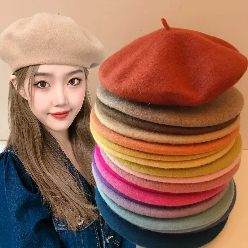 

Spring Women Beret Hat Wool Fashion Berets French Artist Beret Flat top Hat Girls Berets Caps Winter Warm Cap Beanies Hats